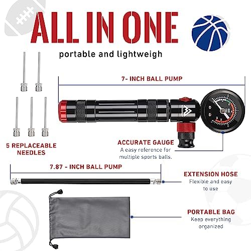 Ball Pump for Sports Balls with Pressure Gauge, Portable Air Pump for Balls with 5 Needles, Flexible Hose, Air Pressure Gauge & Carry Bag, Hand Air Pump Perfect for Basketballs, Soccer Balls and More - Image 3