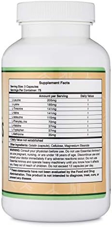 Essential Amino Acids - 1 Gram Per Serving Powder Blend of All 9 Essential Aminos (EAA) and all Branched-Chain Aminos (BCAAs) (Leucine, Isoleucine, Valine) 225 Capsules, Gluten Free by Double Wood - Image 4