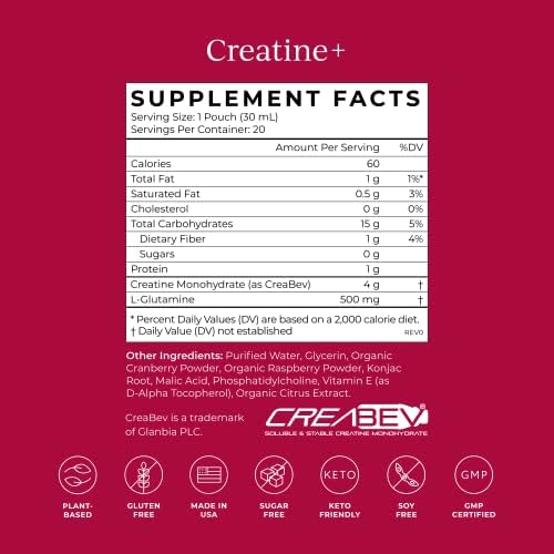 CYMBIOTIKA Creatine+, Creatine and Glutamine Supplement for Amino Energy, Recovery, Muscle Mass & Brain Support, Liposomal Delivery, Gluten Free & Vegan, Raspberry Flavor - 30ml Pouches (Pack of 20) - Image 6