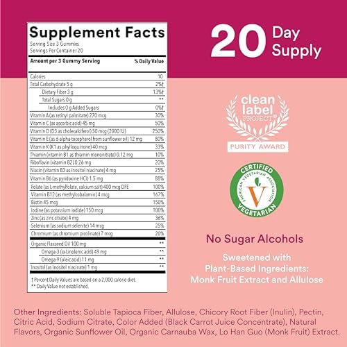 SmartyPants Women's Multivitamin Gummies, Sugar Free: Biotin, Methylfolate, Omega 3 (ALA), Vitamin D3, C, Vitamin B12, B6, Vitamin A, K & Zinc, Gluten Free, 60 Count (20 Day Supply) - Image 3