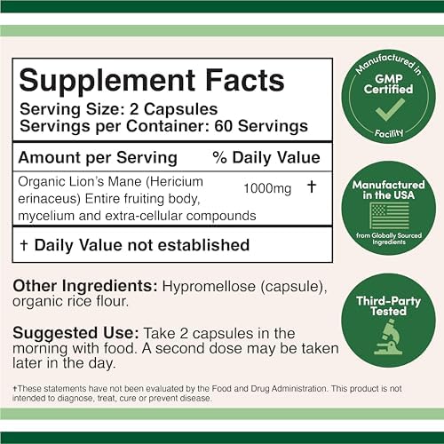 Lions Mane Supplement Mushroom Capsules (Two Month Supply - 120 Count) Lions Mane Mushroom for Brain Support and Immune Health (Third Party Tested, Grown and Encapsulated in The USA) by Double Wood - Image 3