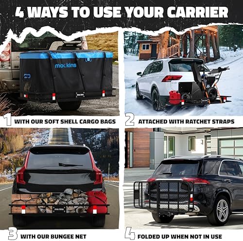 Mockins 60"x24"x6" XL Heavy Duty Trailer Hitch Cargo Carrier Hitch Mount |500lb Cap. Folding Receiver Hitch Cargo Rack w/Waterproof Soft Sided 25 CuFt Hitch Cargo Carrier Bag |2" Cargo Hitch Receiver - Image 5