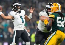 Slippery field in Brazil causes challenges for Eagles, Packers