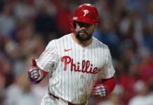 Phillies’ Kyle Schwarber sets leadoff HR mark, exits with injury
