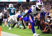 James Cook’s three TDs, three Bills interceptions have Buffalo rolling