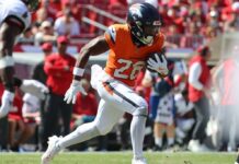Broncos RB Tyler Badie (back) carted off on backboard