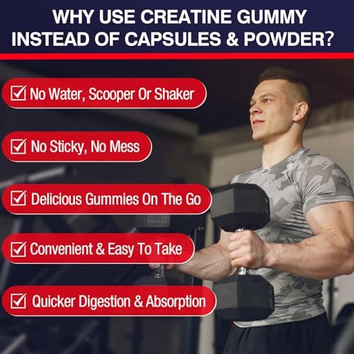 Creatine Monohydrate Gummies for Men & Women, Taurine&B6, Chewable Creatine Supplement for Maximum Strength, Muscle Growth, Energy & Endurance - 5g Per Serving, Low Sugar, Organic Ingredients - 1 Pack - Image 5