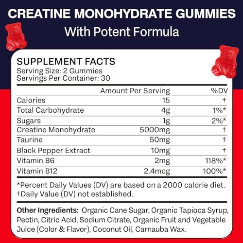 Creatine Monohydrate Gummies for Men & Women, Taurine&B6, Chewable Creatine Supplement for Maximum Strength, Muscle Growth, Energy & Endurance - 5g Per Serving, Low Sugar, Organic Ingredients - 1 Pack - Image 3