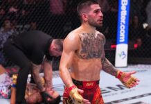 Ilya Topuria scores a third-round knockout of Max Holloway at UFC 308