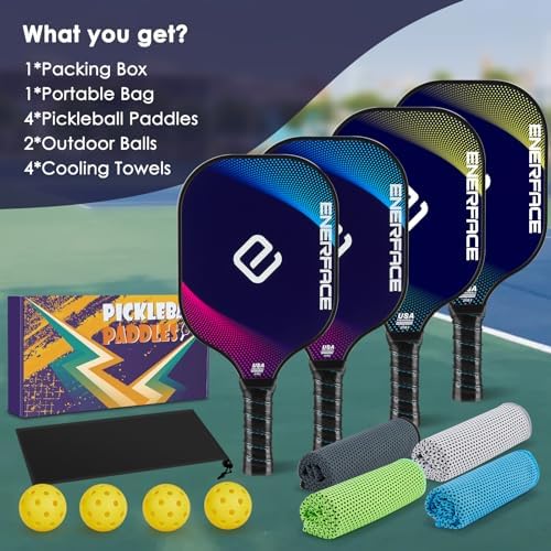 Pickleball Paddles Set of 4: Ergonomic Grip Wooden Pickleball Rackets with 4 Cooling Towels, 4 Pickleball Balls and Carry Bag, Pickleball Set for Men Women (Yellow+Green/Blue+Pink,4 Pack) - Image 8