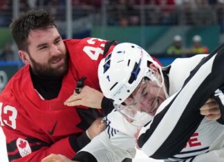 Canada’s Tom Wilson drops gloves in rare Olympic hockey fight