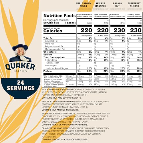 Quaker Protein Instant Oatmeal, 4 Flavor Variety Pack, 12g Protein per Serving, Whole Grains, No Artificial Flavors, No Added Colors, (24 Pack) - Image 3