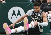 Giannis Antetokounmpo exits Bucks’ win after awkward landing