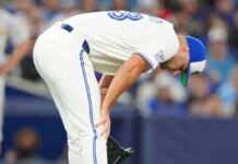 Blue Jays P Fluharty leaves game after being hit by 2 batted balls