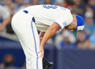 Blue Jays P Fluharty leaves game after being hit by 2 batted balls