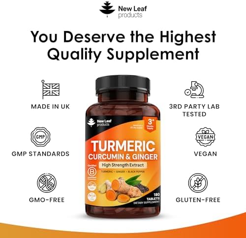 Turmeric Tablets with Black Pepper & Ginger - Curcumin - 180 Turmeric and Black Pepper Tablets (3 Month) High Strength Active Turmeric Supplements Not Capsules, by New Leaf - Image 4