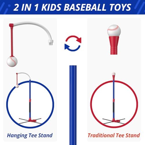 3-in-1 Baseball Set for Kids 3-5 - Tee Ball Stand, Hanging Tee, Ball Launcher and 6 Softballs - Adjustable Height, Indoor/Outdoor Sport Gifts for Boys Girls, Blue - Image 8