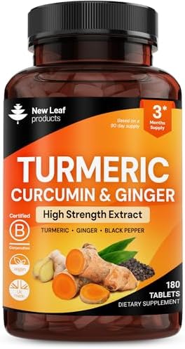 Turmeric Tablets with Black Pepper & Ginger - Curcumin - 180 Turmeric and Black Pepper Tablets (3 Month) High Strength Active Turmeric Supplements Not Capsules, by New Leaf - Image 2