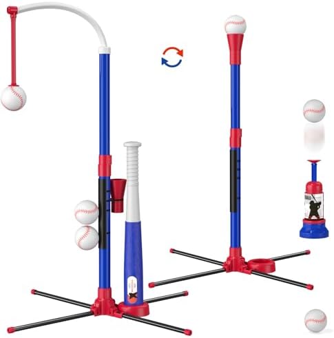 3-in-1 Baseball Set for Kids 3-5 - Tee Ball Stand, Hanging Tee, Ball Launcher and 6 Softballs - Adjustable Height, Indoor/Outdoor Sport Gifts for Boys Girls, Blue - Image 2
