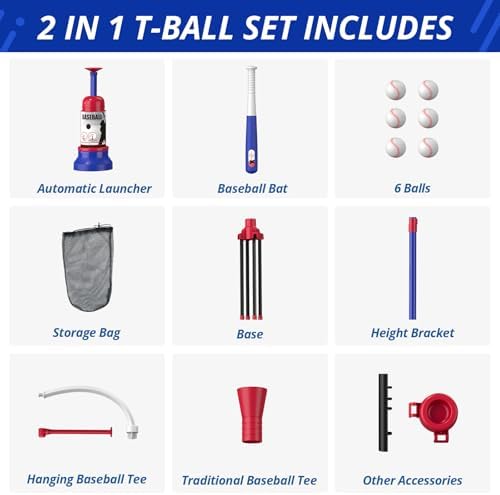 3-in-1 Baseball Set for Kids 3-5 - Tee Ball Stand, Hanging Tee, Ball Launcher and 6 Softballs - Adjustable Height, Indoor/Outdoor Sport Gifts for Boys Girls, Blue - Image 10