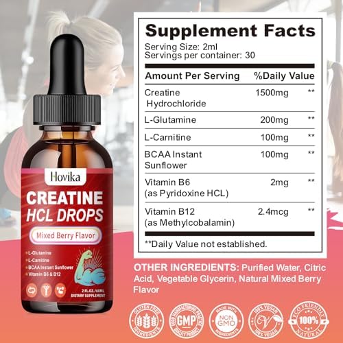 Creatine HCL Liquid Drops for Men & Women, Creatine Hydrochloride with L-Carnitine, L-Glutamine, BCAA, Vitamin B12 & B6 for Muscle Growth & Recovery-Vegan, Mixed Berry Flavor Flavor, 2 Fl Oz - Image 8