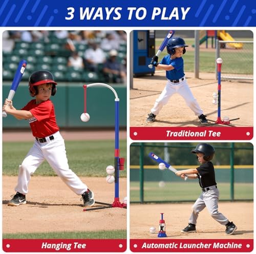 3-in-1 Baseball Set for Kids 3-5 - Tee Ball Stand, Hanging Tee, Ball Launcher and 6 Softballs - Adjustable Height, Indoor/Outdoor Sport Gifts for Boys Girls, Blue - Image 3