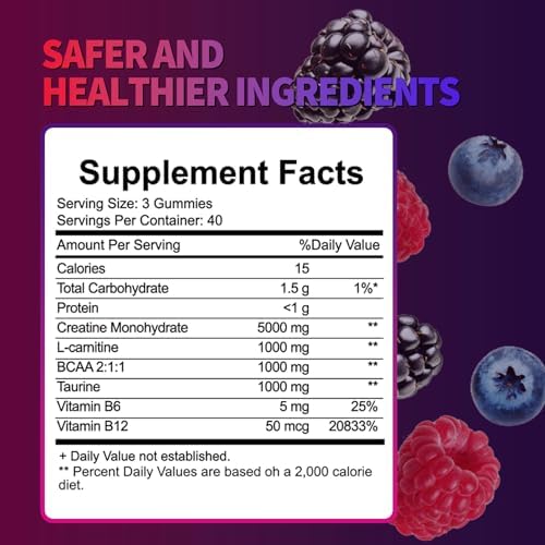 Creatine Monohydrate Gummies 8000 mg for Men & Women, Creatine Supplement for Enhanced Muscle Growth, Energy Boost - with L-Taurine, Sugar Free, Vegan, Raspberry BlackBerry Blueberry Flavor-120 Count - Image 6