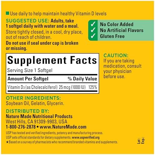 Nature Made Vitamin D3 1000 IU (25 mcg), Vitamin D Supplement for Bone, Teeth, Muscle and Immune Health Support, 300 Softgels, 300 Day Supply - Image 7