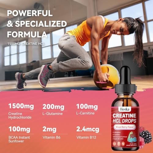 Creatine HCL Liquid Drops for Men & Women, Creatine Hydrochloride with L-Carnitine, L-Glutamine, BCAA, Vitamin B12 & B6 for Muscle Growth & Recovery-Vegan, Mixed Berry Flavor Flavor, 2 Fl Oz - Image 3