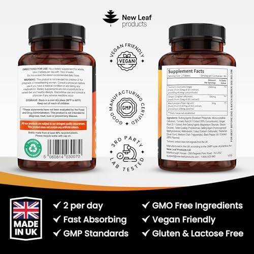 Turmeric Tablets with Black Pepper & Ginger - Curcumin - 180 Turmeric and Black Pepper Tablets (3 Month) High Strength Active Turmeric Supplements Not Capsules, by New Leaf - Image 8
