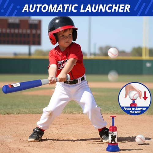 3-in-1 Baseball Set for Kids 3-5 - Tee Ball Stand, Hanging Tee, Ball Launcher and 6 Softballs - Adjustable Height, Indoor/Outdoor Sport Gifts for Boys Girls, Blue - Image 5