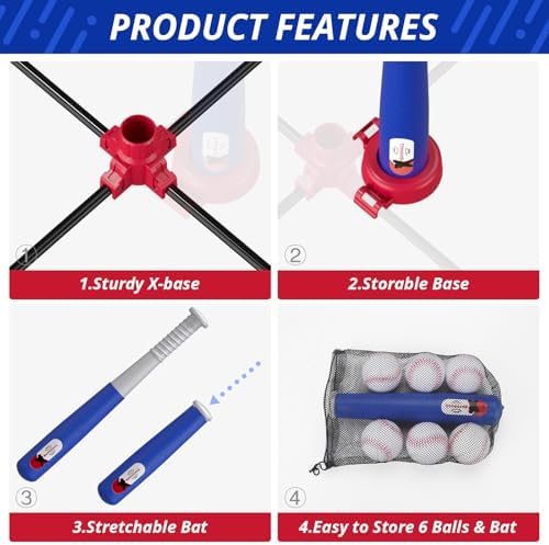 3-in-1 Baseball Set for Kids 3-5 - Tee Ball Stand, Hanging Tee, Ball Launcher and 6 Softballs - Adjustable Height, Indoor/Outdoor Sport Gifts for Boys Girls, Blue - Image 7