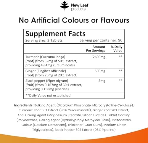 Turmeric Tablets with Black Pepper & Ginger - Curcumin - 180 Turmeric and Black Pepper Tablets (3 Month) High Strength Active Turmeric Supplements Not Capsules, by New Leaf - Image 7