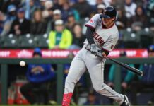 Guardians’ Chase DeLauter hurt after fouling pitch off foot