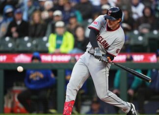 Guardians’ Chase DeLauter hurt after fouling pitch off foot