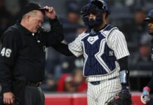Umpire Ron Kulpa leaves Marlins-Yankees after foul ball hits mask