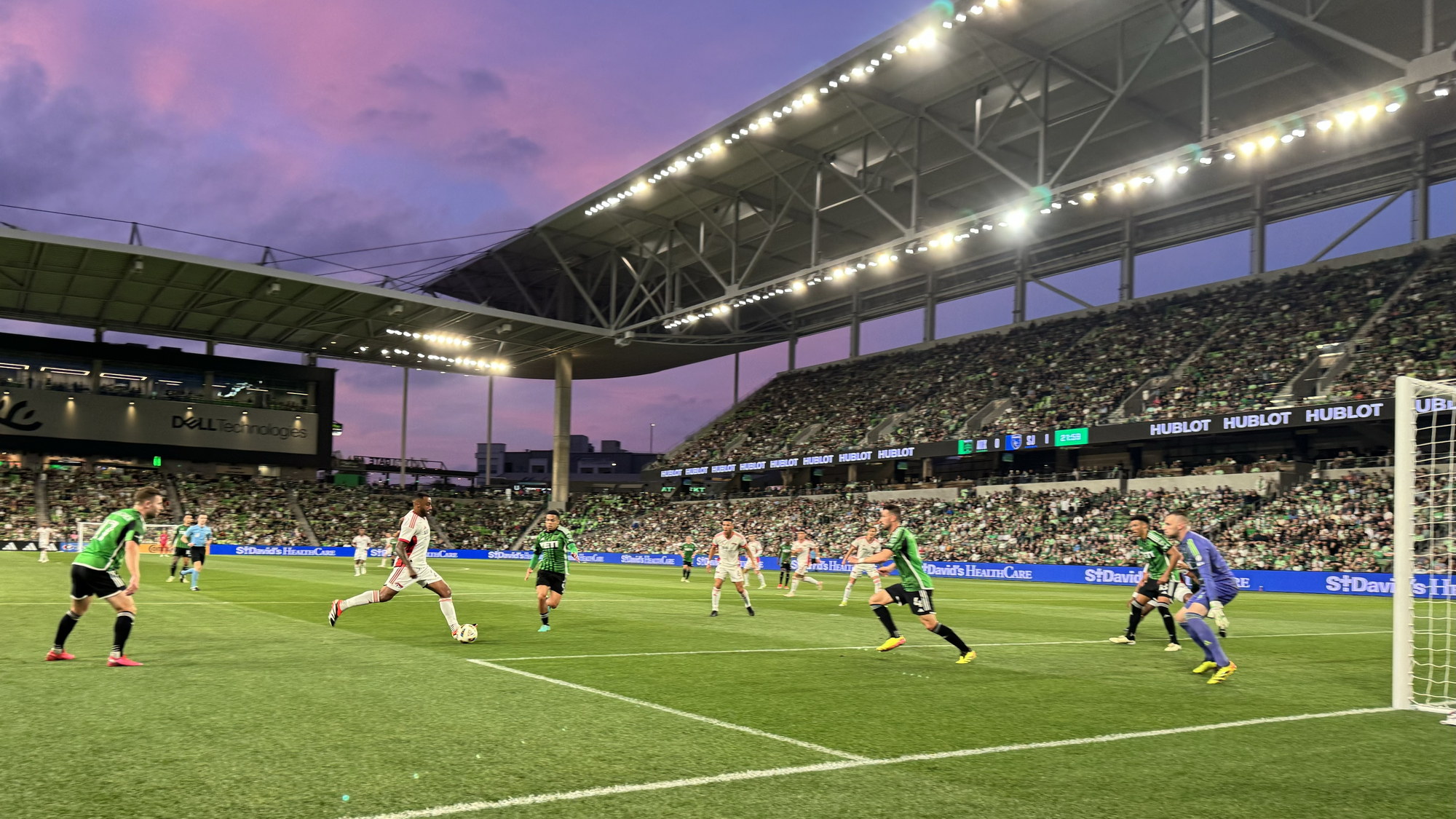 San Diego FC will be without CJ Dos Santos at Q2 Stadium Q2 Stadium at dusk during an Austin FC match